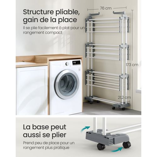 Séchoir Mobile à 4 Niveaux, Avec Roulettes, 63,5 X 125,5 X 173 Cm, Blanc Nuage Et Gris Tourterelle