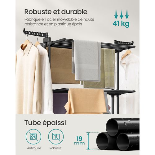 Séchoir Mobile à 4 Niveaux, Avec Roulettes, Pliable, 63,5 X 125,5 X 173 Cm, Noir D'encre