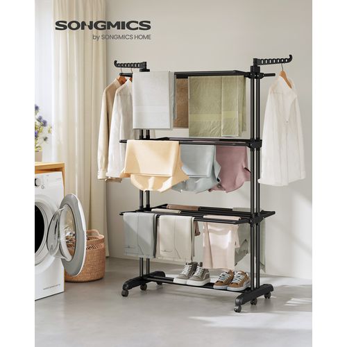 Séchoir Mobile à 4 Niveaux, Avec Roulettes, Pliable, 63,5 X 125,5 X 173 Cm, Noir D'encre