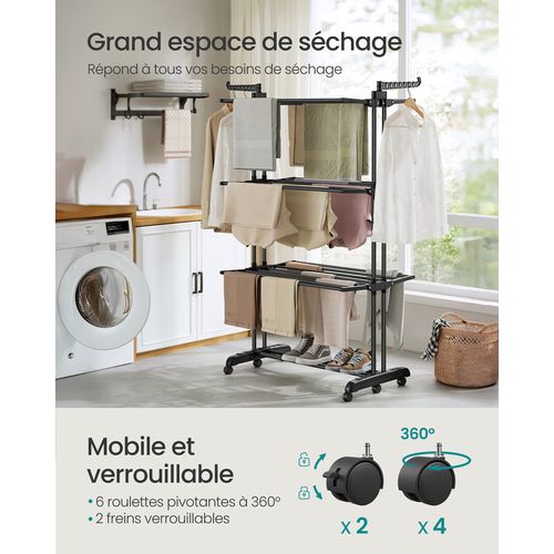 Séchoir Mobile à 4 Niveaux, Avec Roulettes, Pliable, 63,5 X 125,5 X 173 Cm, Noir D'encre
