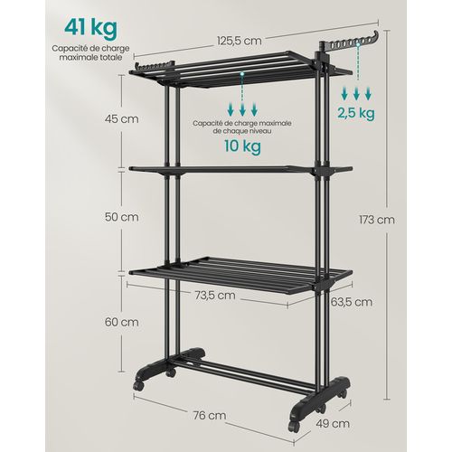 Séchoir Mobile à 4 Niveaux, Avec Roulettes, Pliable, 63,5 X 125,5 X 173 Cm, Noir D'encre