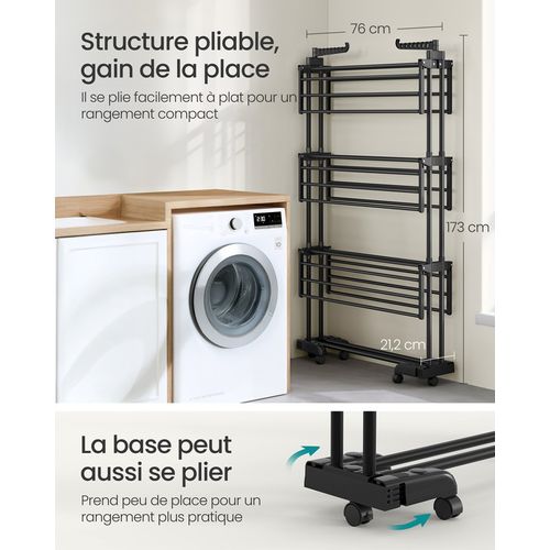 Séchoir Mobile à 4 Niveaux, Avec Roulettes, Pliable, 63,5 X 125,5 X 173 Cm, Noir D'encre