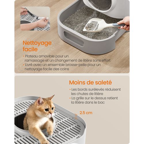 Litière Pour Chat XXL, Avec Couvercle, Plateau Amovible, Pelle, Brosse, Moins De Traces, Gris
