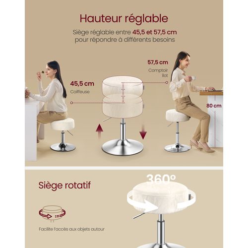 Tabourets De Maquillage, Lot De 2, Réglables En Hauteur, Pivotants à 360 Degrés, En Pu, Blanc Crème