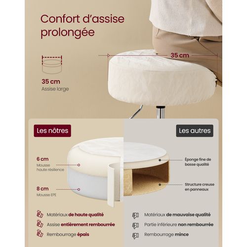 Tabourets De Maquillage, Lot De 2, Réglables En Hauteur, Pivotants à 360 Degrés, En Pu, Blanc Crème