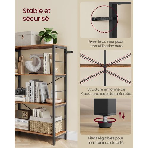 Bibliothèque 4 Niveaux, 30 X 120 X 109,4 Cm, Style Industriel,  Marron Rustique Et Noir D'encre