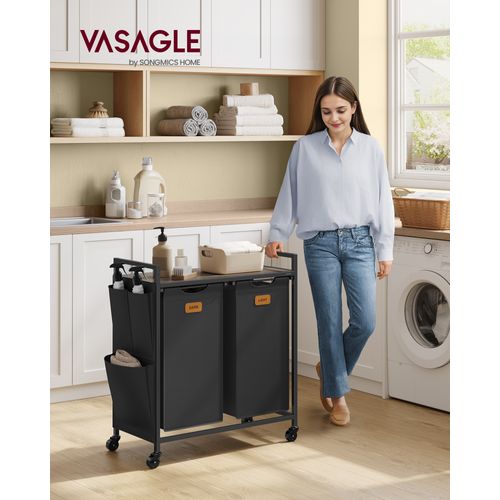 Panier à Linge 100 L, Roulettes, Chariot Avec Étagères, Sac, 2 Compartiments, Noir Et Marron