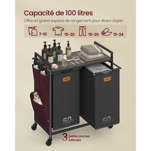 Panier à Linge 100 L, Roulettes, Chariot Avec Étagères, Sac, 2 Compartiments, Noir Et Marron