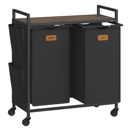 Panier à Linge 100 L, Roulettes, Chariot Avec Étagères, Sac, 2 Compartiments, Noir Et Marron
