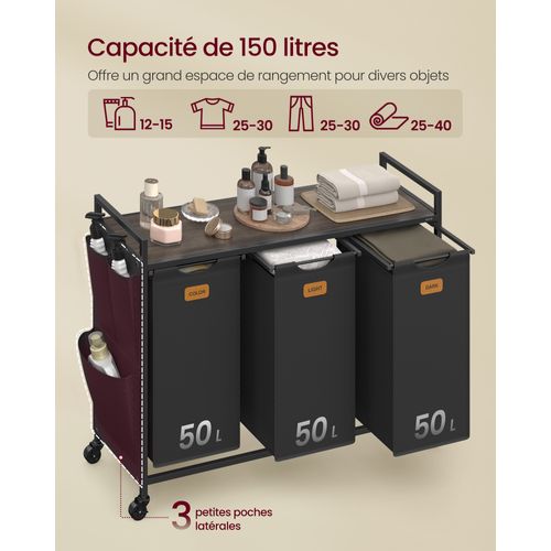 Panier à Linge 150 L, Roulettes, Chariot Avec Étagères, Sac, 3 Compartiments, Noir Et Marron