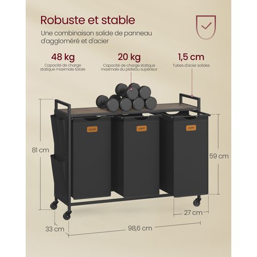 Panier à Linge 150 L, Roulettes, Chariot Avec Étagères, Sac, 3 Compartiments, Noir Et Marron