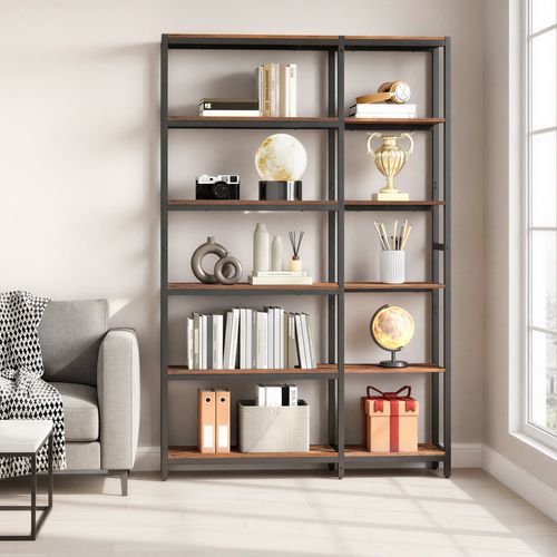 Étagère De Rangement à 6 Niveaux, Bibliothèque Moderne D’angle, Marron Et Noir