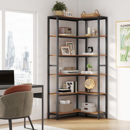 Étagère De Rangement à 6 Niveaux, Bibliothèque Moderne D’angle, Marron Et Noir