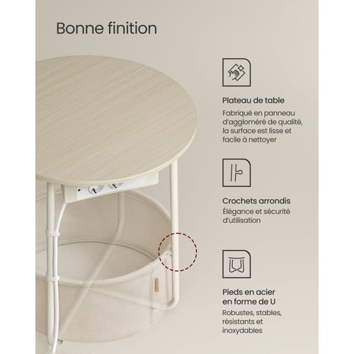 Table D’appoint Avec Panier En Tissu Et Multiprise, Rangement,style Moderne, Beige Et Blanc
