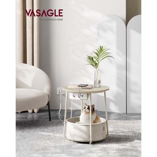 Table D’appoint Avec Panier En Tissu Et Multiprise, Rangement,style Moderne, Beige Et Blanc