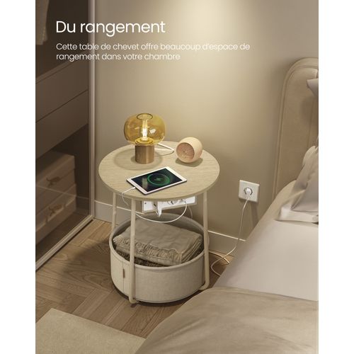 Table D’appoint Avec Panier En Tissu Et Multiprise, Rangement,style Moderne, Beige Et Blanc