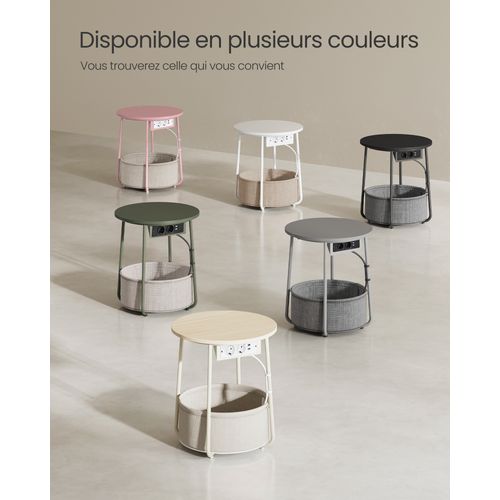 Table D’appoint Avec Panier En Tissu Et Multiprise, Rangement,style Moderne, Beige Et Blanc