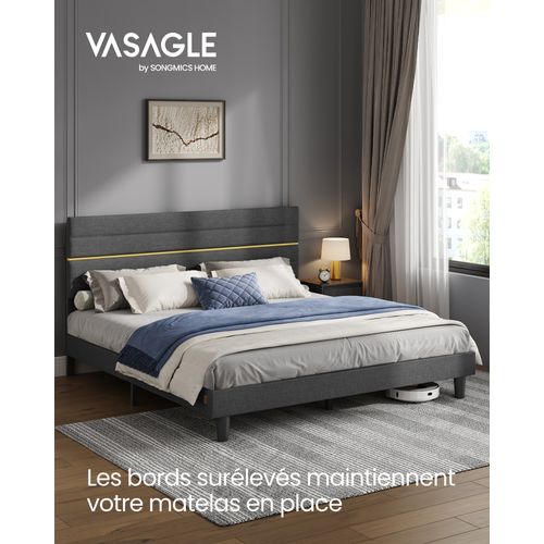 Lit Double, Convient Pour Un Matelas De 180 X 200 Cm, Tête De Lit Rembourrée Ajustable, Gris