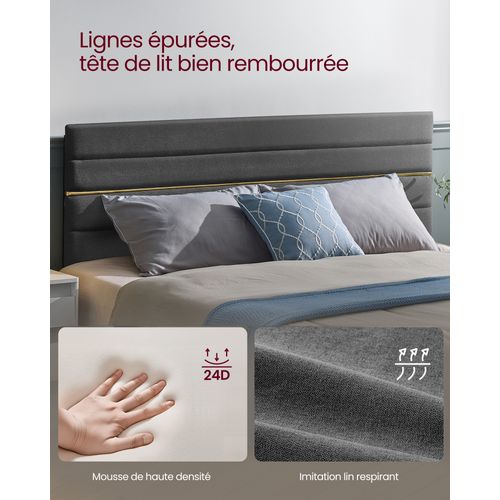Lit Double, Convient Pour Un Matelas De 180 X 200 Cm, Tête De Lit Rembourrée Ajustable, Gris