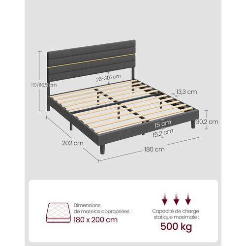 Lit Double, Convient Pour Un Matelas De 180 X 200 Cm, Tête De Lit Rembourrée Ajustable, Gris