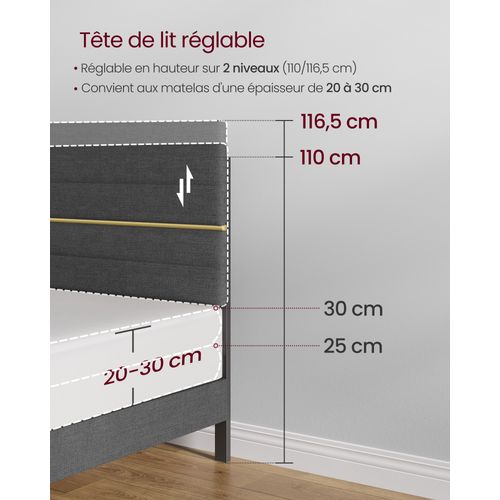 Lit Double, Convient Pour Un Matelas De 180 X 200 Cm, Tête De Lit Rembourrée Ajustable, Gris