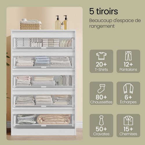 Commode 5 Tiroirs, Meuble De Rangement, 40 X 60 X 97,4 Cm, Style Moderne, Blanc