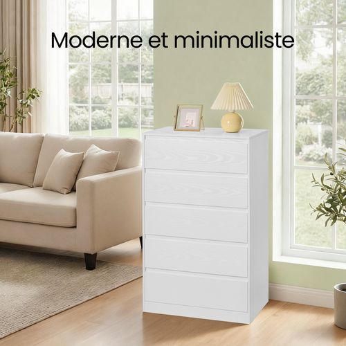 Commode 5 Tiroirs, Meuble De Rangement, 40 X 60 X 97,4 Cm, Style Moderne, Blanc