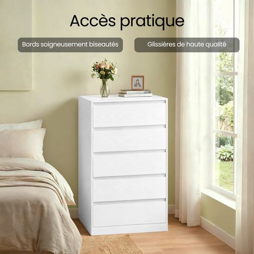 Commode 5 Tiroirs, Meuble De Rangement, 40 X 60 X 97,4 Cm, Style Moderne, Blanc