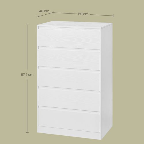 Commode 5 Tiroirs, Meuble De Rangement, 40 X 60 X 97,4 Cm, Style Moderne, Blanc