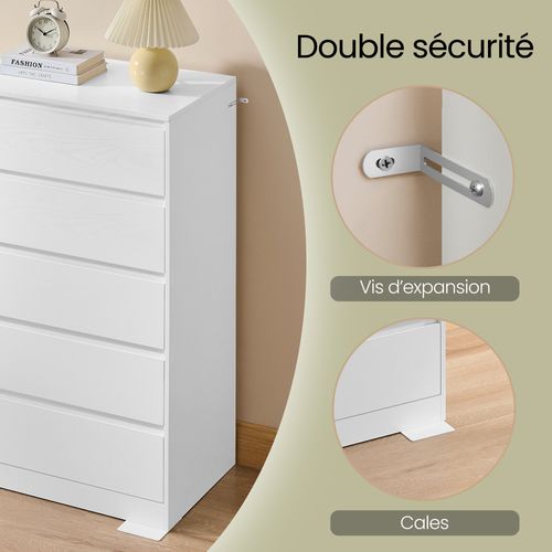 Commode 5 Tiroirs, Meuble De Rangement, 40 X 60 X 97,4 Cm, Style Moderne, Blanc
