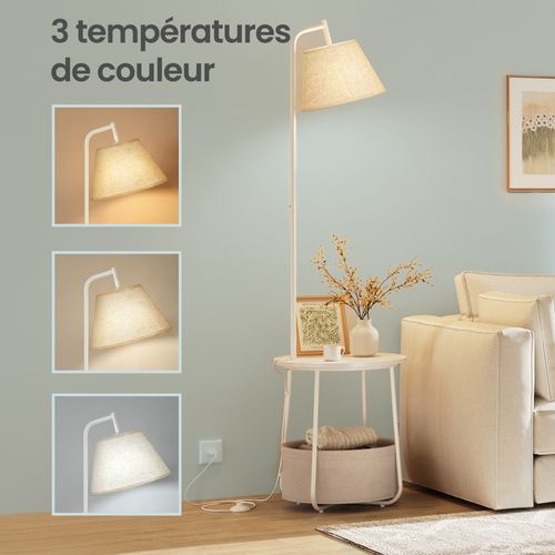 Lampe Sur Pied 3-en-1, Avec Table D’appoint, Panier En Tissu, Abat-jour Orientable, Acier, Blanc
