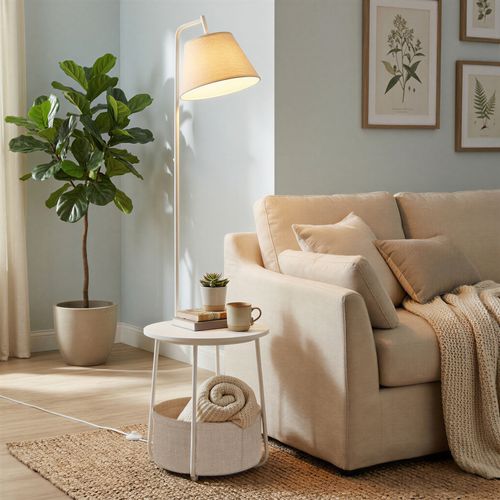 Lampe Sur Pied 3-en-1, Avec Table D’appoint, Panier En Tissu, Abat-jour Orientable, Acier, Blanc