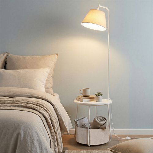 Lampe Sur Pied 3-en-1, Avec Table D’appoint, Panier En Tissu, Abat-jour Orientable, Acier, Blanc
