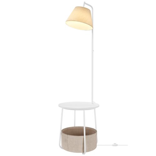 Lampe Sur Pied 3-en-1, Avec Table D’appoint, Panier En Tissu, Abat-jour Orientable, Acier, Blanc