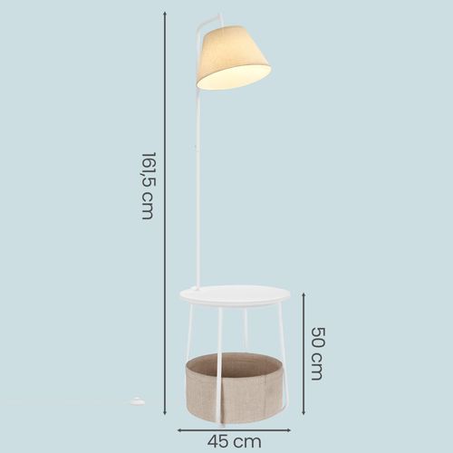 Lampe Sur Pied 3-en-1, Avec Table D’appoint, Panier En Tissu, Abat-jour Orientable, Acier, Blanc