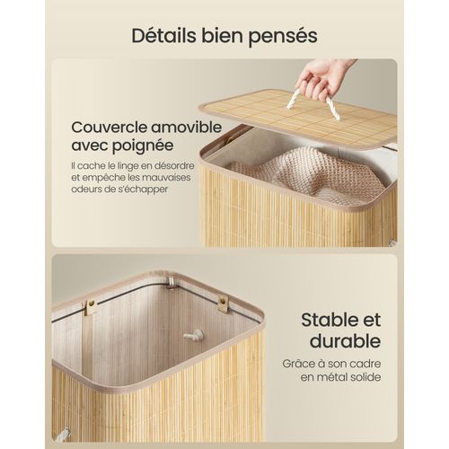 Panier à Linge Avec Couvercle, 90 L, Pliable, Sac Amovible Lavable En Machine, Couleur Naturelle