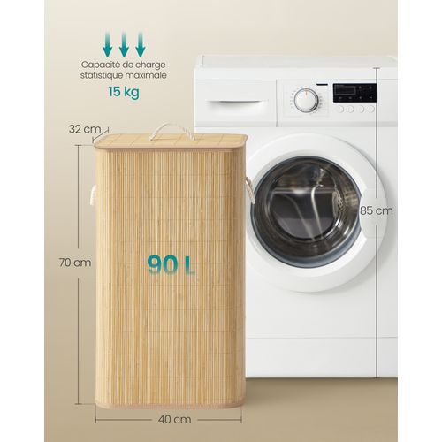 Panier à Linge Avec Couvercle, 90 L, Pliable, Sac Amovible Lavable En Machine, Couleur Naturelle