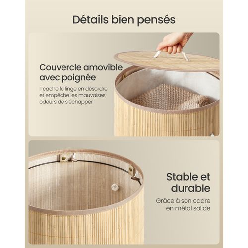 Panier à Linge Avec Couvercle, 90 L, Pliable, Sac Amovible Lavable En Machine, Couleur Naturelle