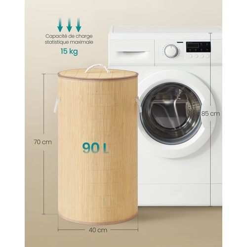 Panier à Linge Avec Couvercle, 90 L, Pliable, Sac Amovible Lavable En Machine, Couleur Naturelle