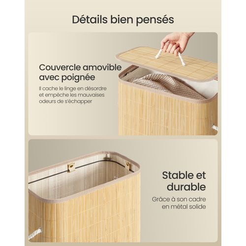 Panier à Linge Avec Couvercle, 60 L, Pliable, Sac Amovible Lavable En Machine, Couleur Naturelle