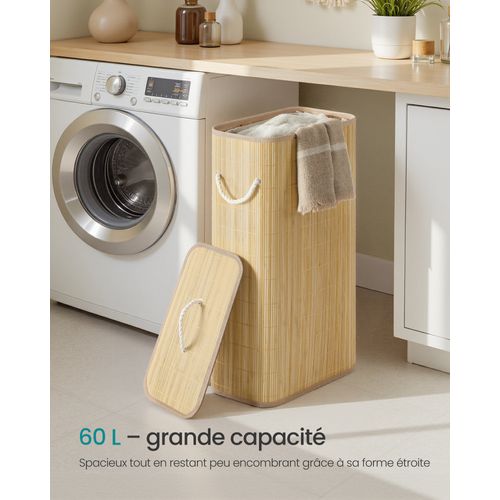 Panier à Linge Avec Couvercle, 60 L, Pliable, Sac Amovible Lavable En Machine, Couleur Naturelle
