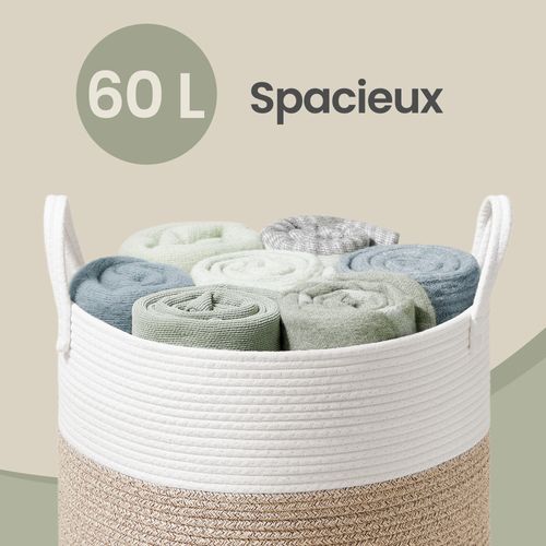 Panier à Linge, Volume 60 L, Corde En Coton, Avec Poignées, Blanc Et Gris