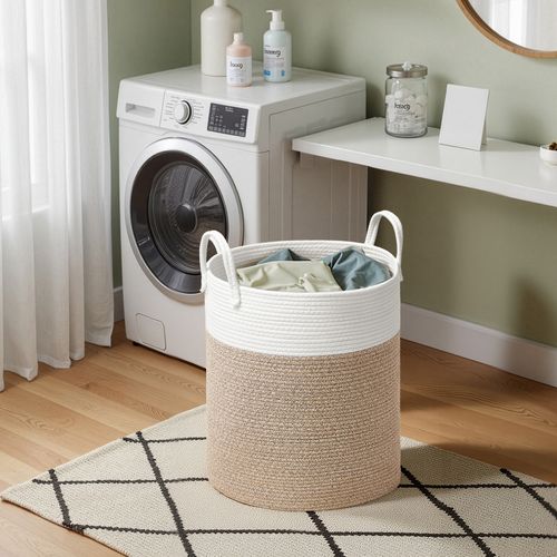 Panier à Linge, Volume 60 L, Corde En Coton, Avec Poignées, Blanc Et Gris