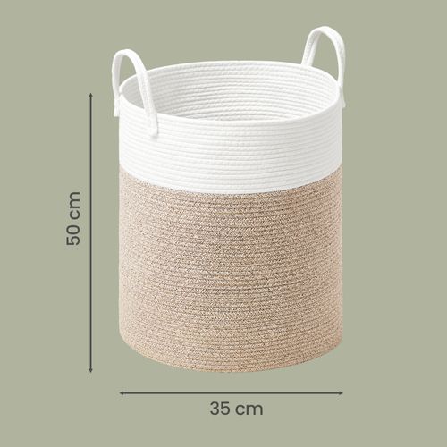 Panier à Linge, Volume 60 L, Corde En Coton, Avec Poignées, Blanc Et Gris