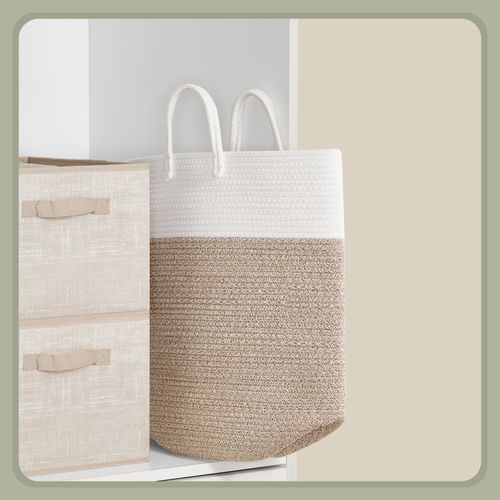 Panier à Linge, Volume 60 L, Corde En Coton, Avec Poignées, Blanc Et Gris