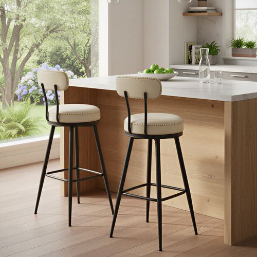 Tabourets De Bar, Lot De 2, Pivotants à 360°, Avec Dossier, En Pu, Hauteur 76 Cm, Crème