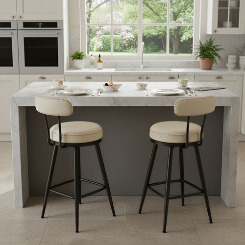 Tabourets De Bar, Lot De 2, Pivotants à 360°, Avec Dossier, En Pu, Hauteur 65 Cm, Crème