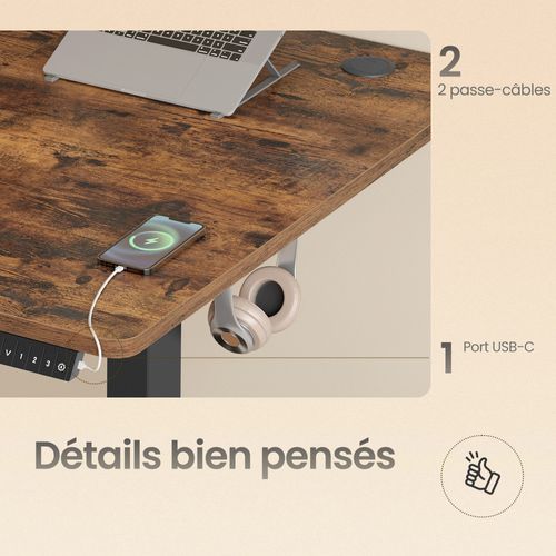 Bureau Réglable En Hauteur, 180 X 80 Cm, Fonction Mémoire, Port USB-c, Marron Et Noir