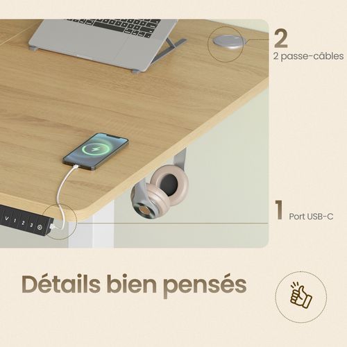 Bureau Réglable En Hauteur, 180 X 80 Cm, Fonction Mémoire, Port USB-c, Couleur Chêne Et Blanc