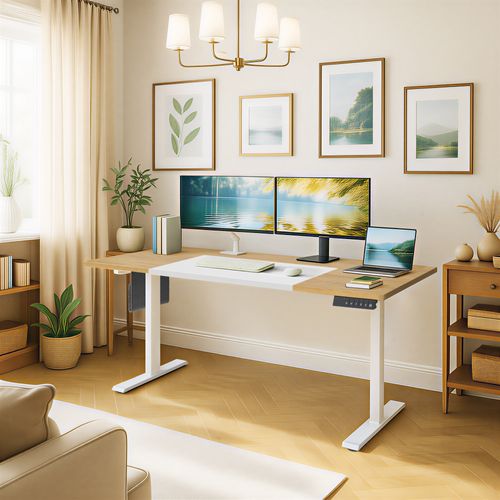 Bureau Réglable En Hauteur, 180 X 80 Cm, Fonction Mémoire, Port USB-c, Couleur Chêne Et Blanc